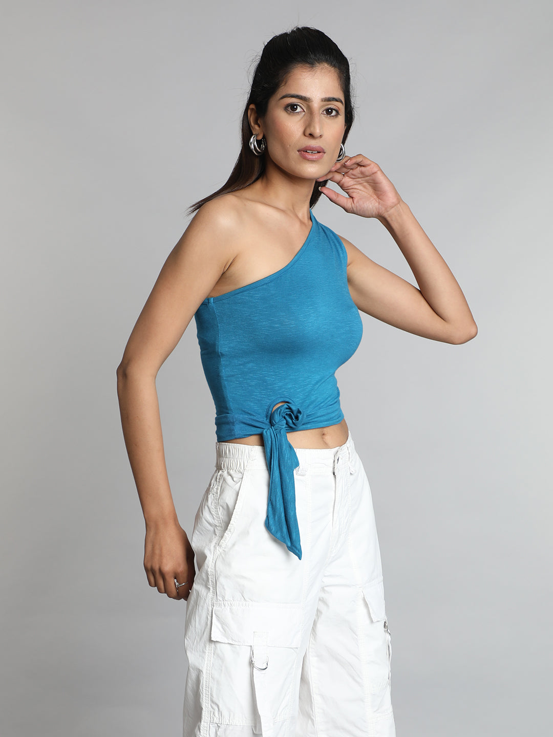 Teal Blue Solid One shoulder Crop Top