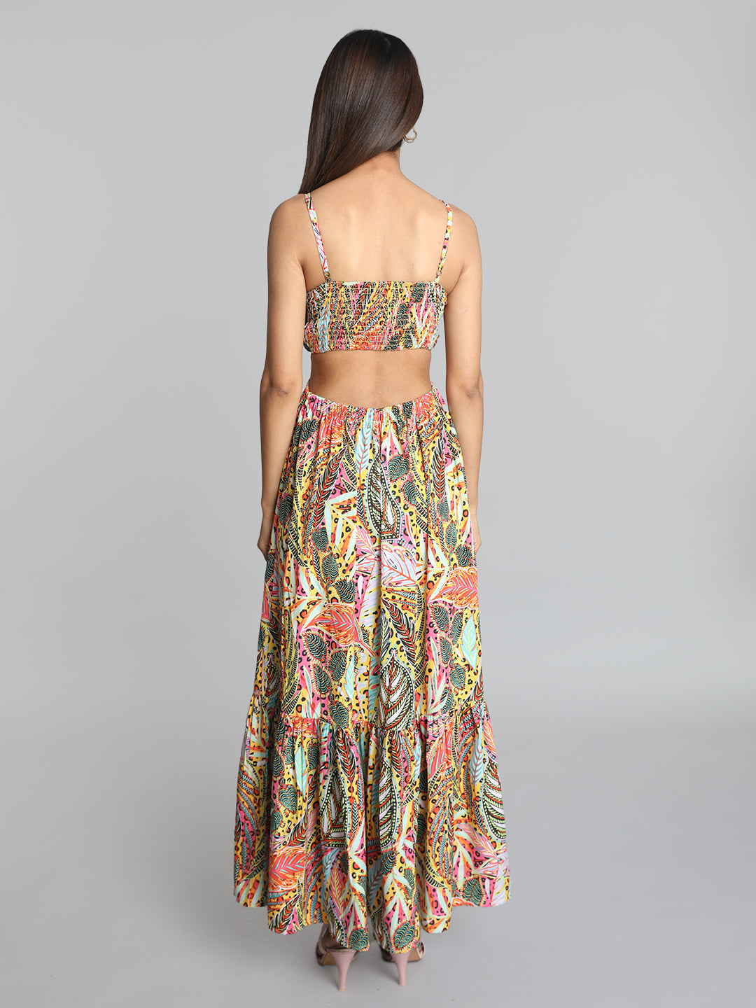 Multicolor Tropical Print Waist Cut Out Maxi Dress