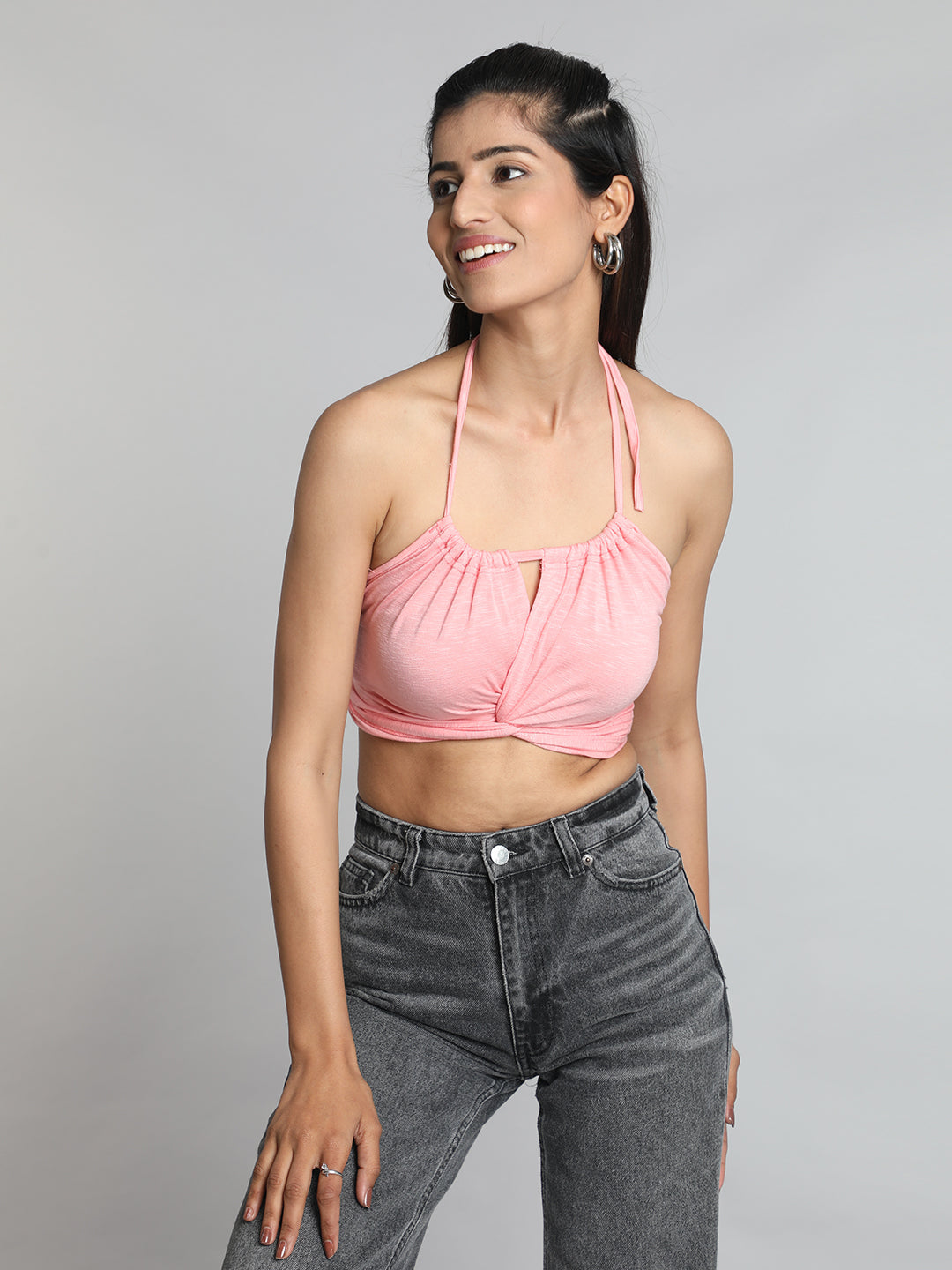 Pink Solid Halter Neck Bralette Top