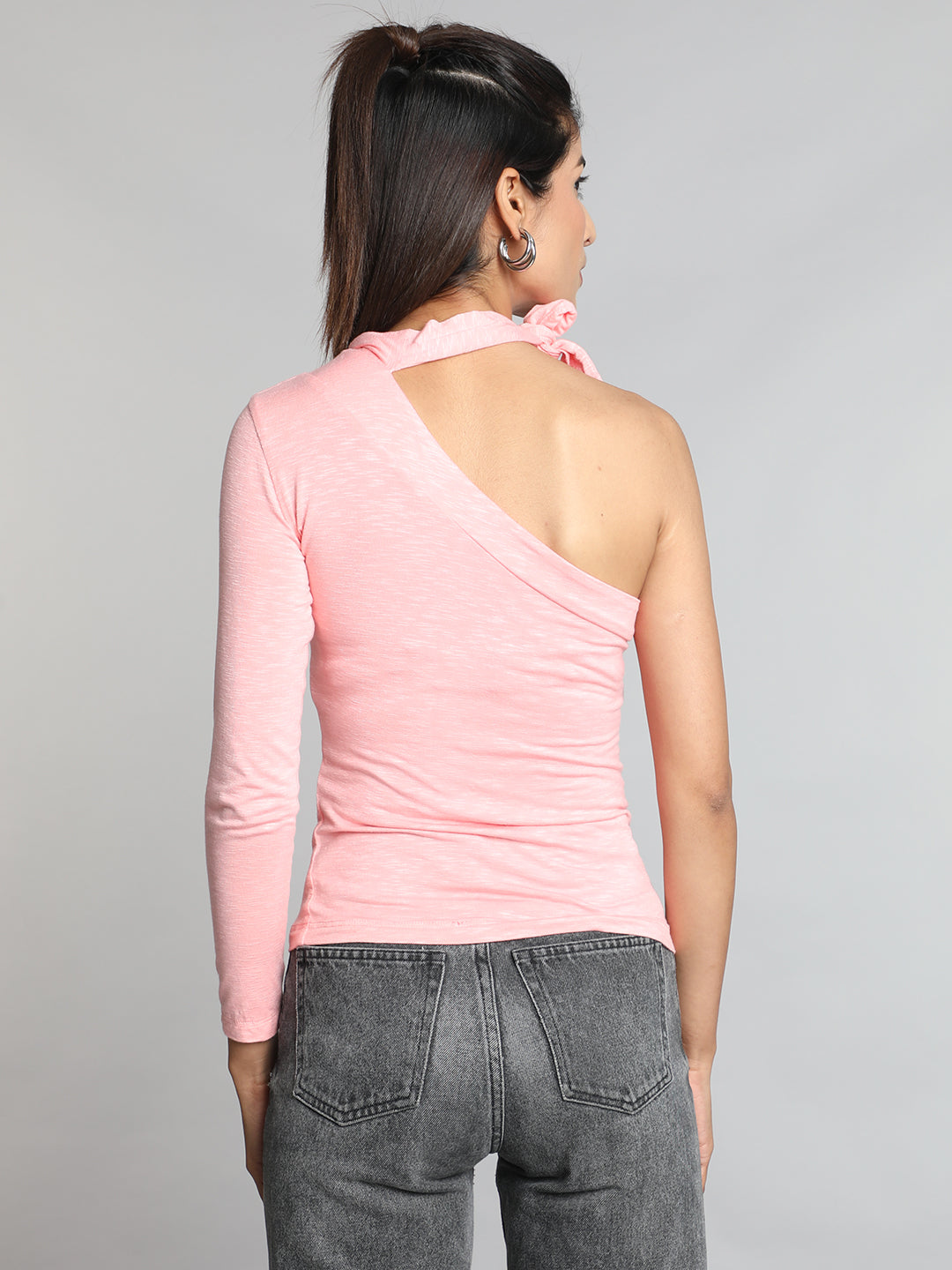 Pink Solid One shoulder Tie Up Top