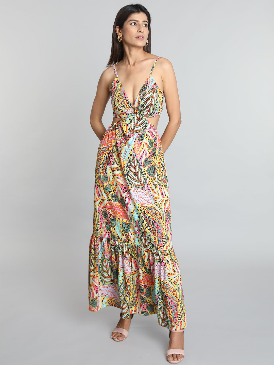 Multicolor Tropical Print Waist Cut Out Maxi Dress