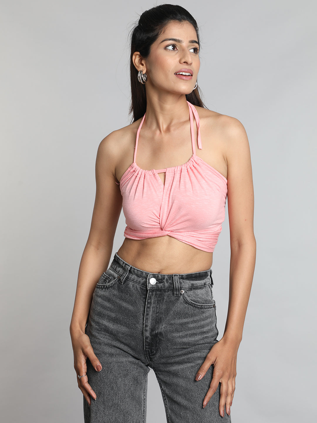 Pink Solid Halter Neck Bralette Top