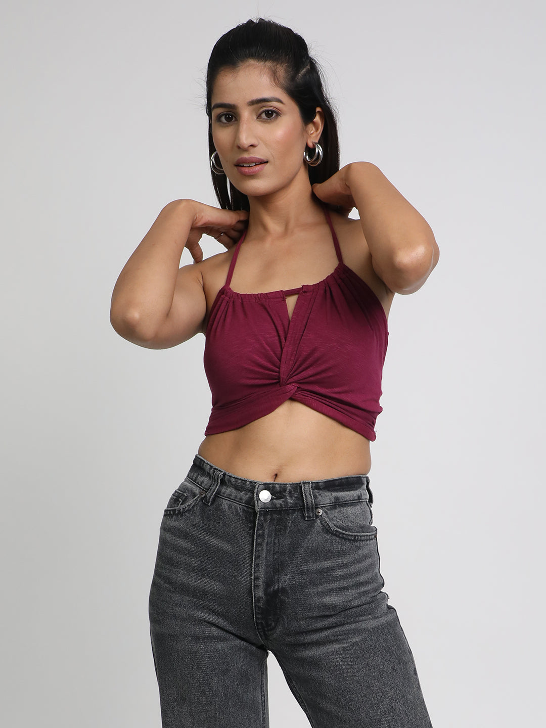 Pink Solid Halter Neck Bralette Top Maroon