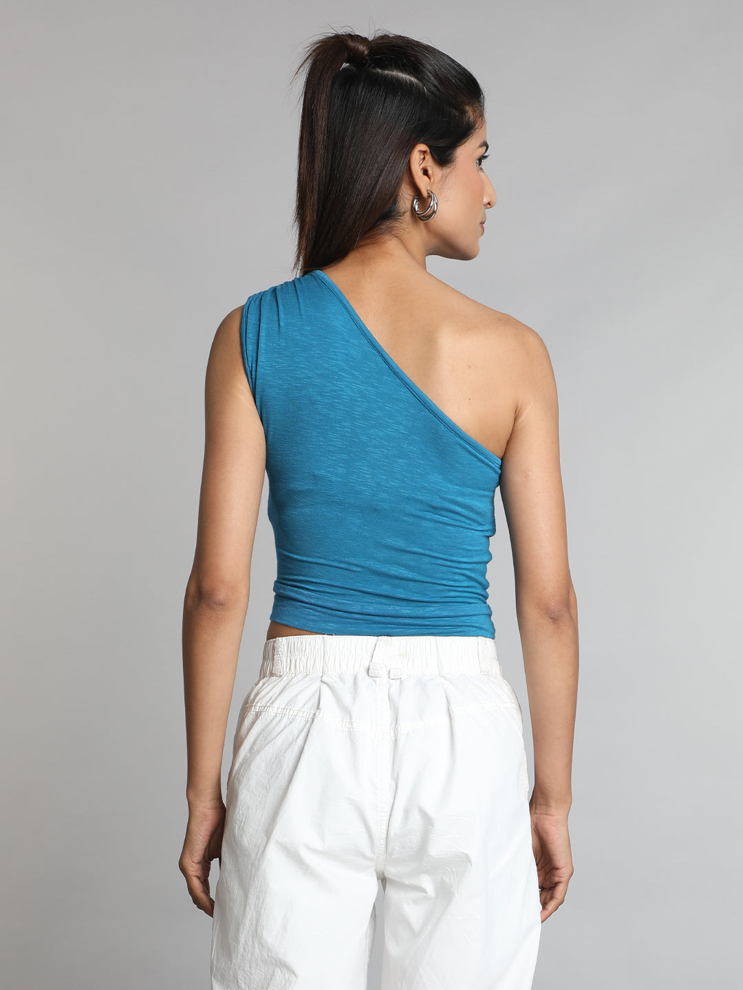 Teal Blue Solid One shoulder Crop Top