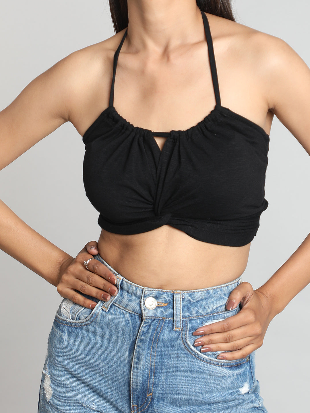 Black Solid Halter Neck Bralette Top