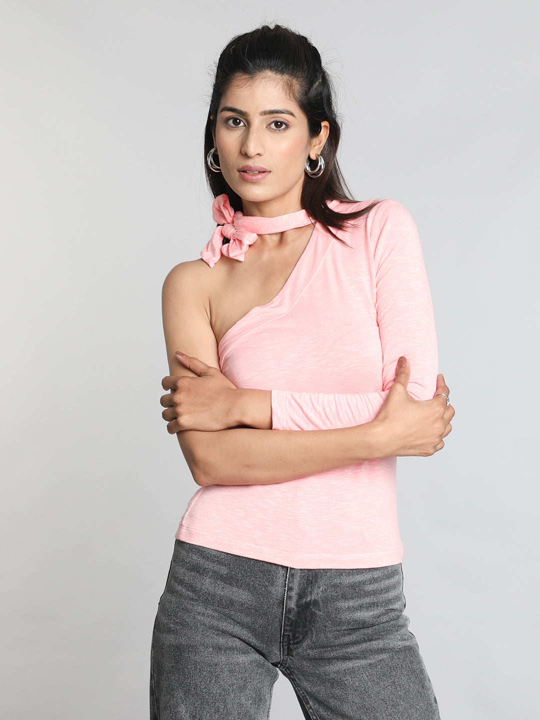 Pink Solid One shoulder Tie Up Top