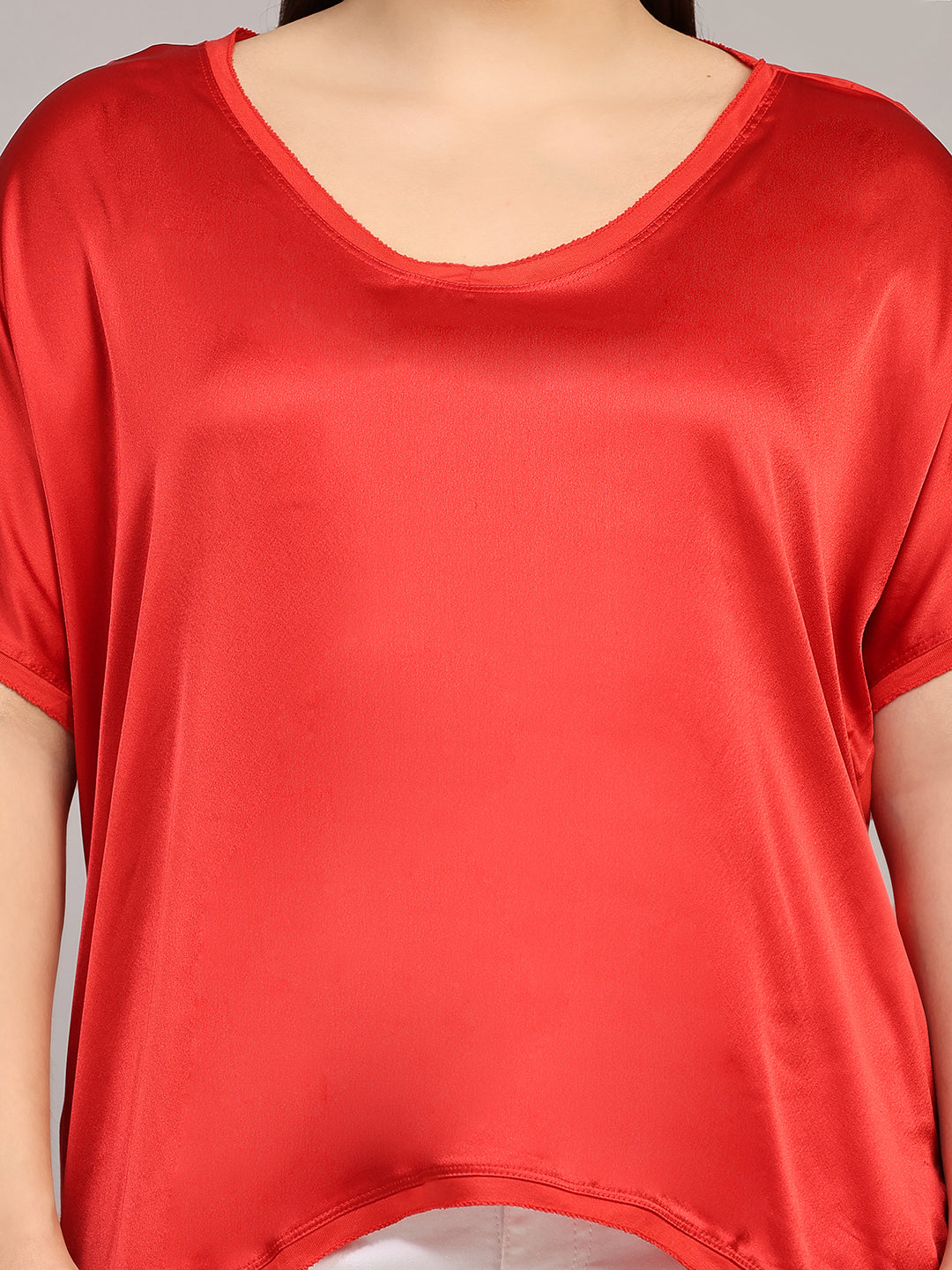 Red Solid Satin Casual Top