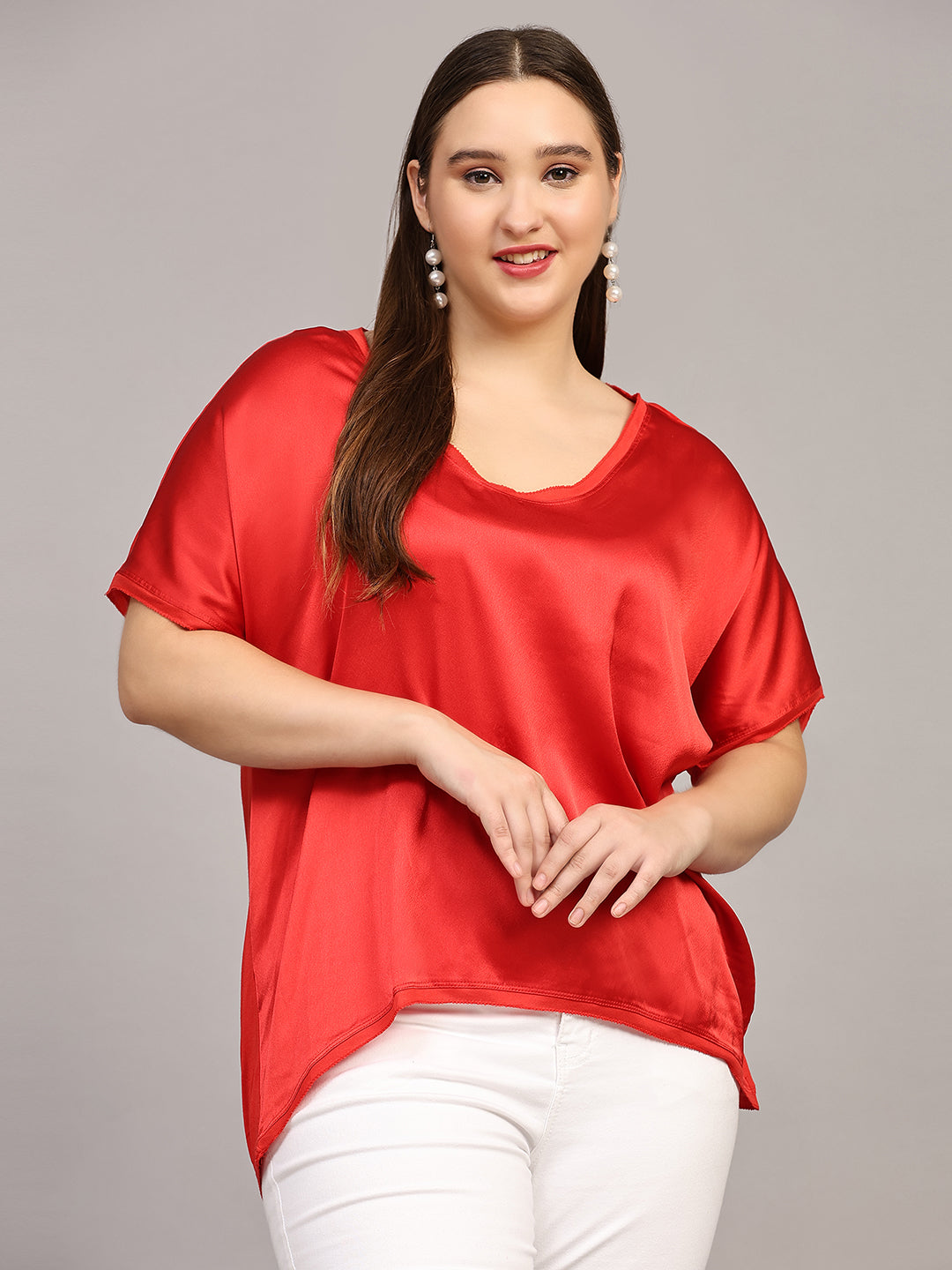 Yellow Solid Satin Casual Top Red