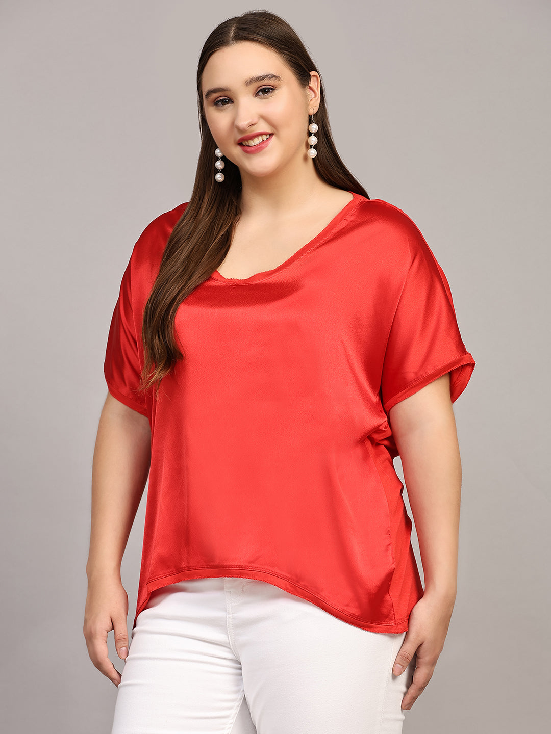 Red Solid Satin Casual Top