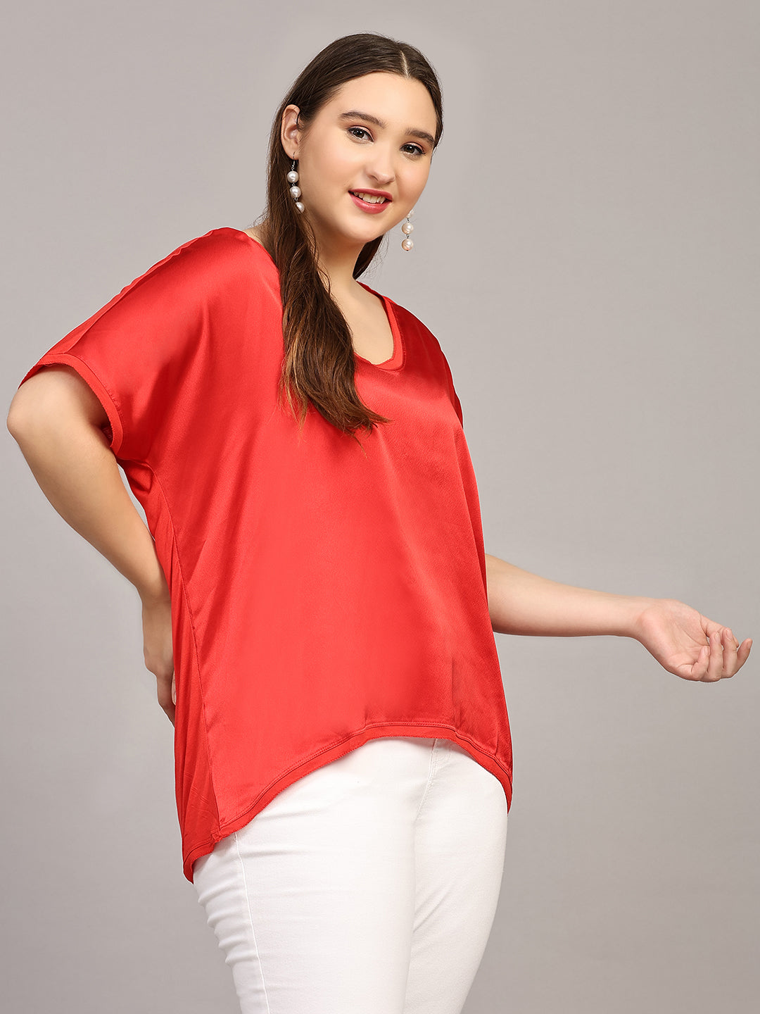 Red Solid Satin Casual Top