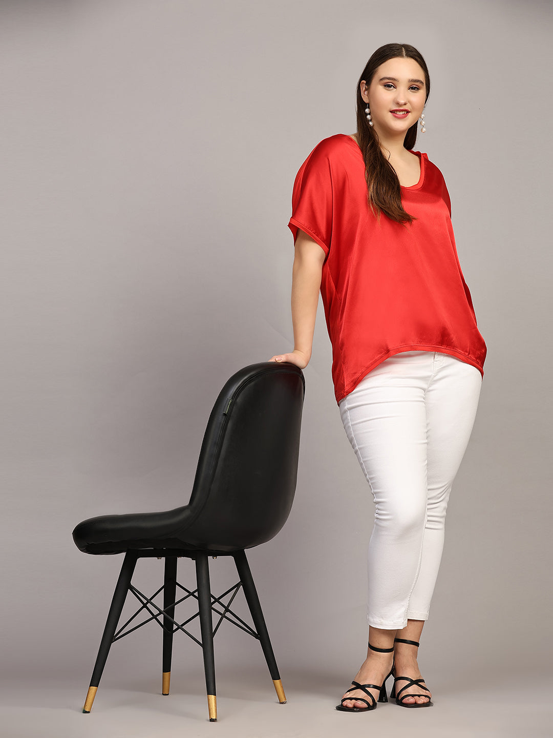 Red Solid Satin Casual Top