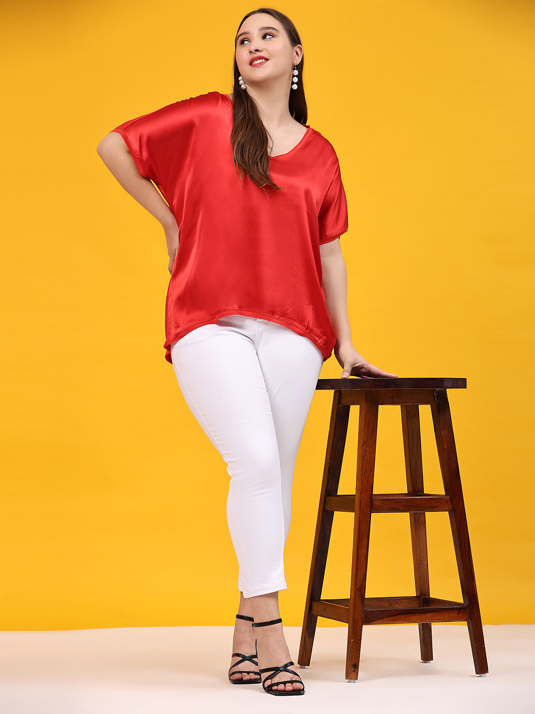 Red Solid Satin Casual Top