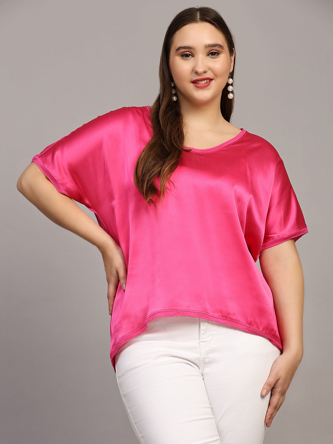 Yellow Solid Satin Casual Top Pink