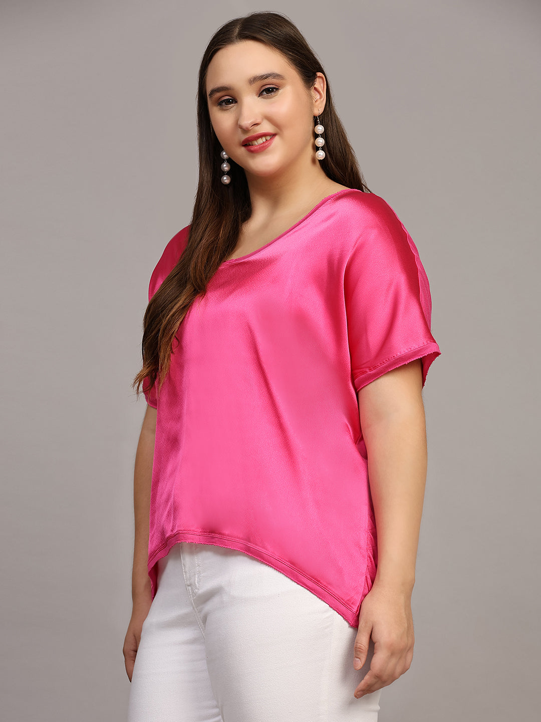 Red Solid Satin Casual Top