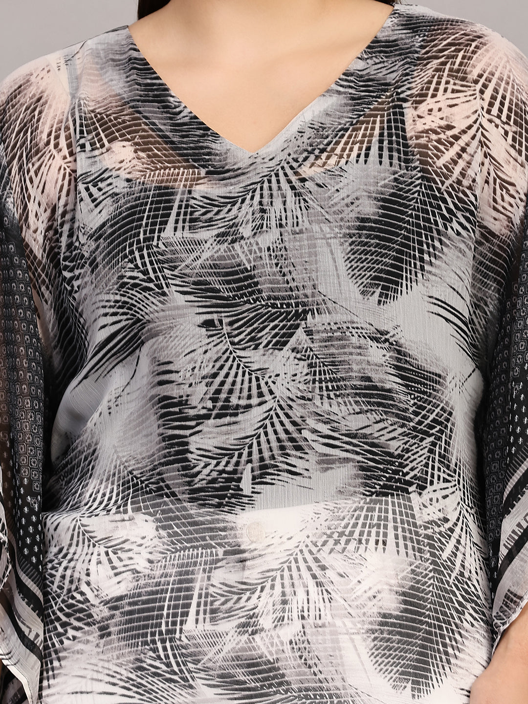 Black & White Tropical Print Kaftan Top