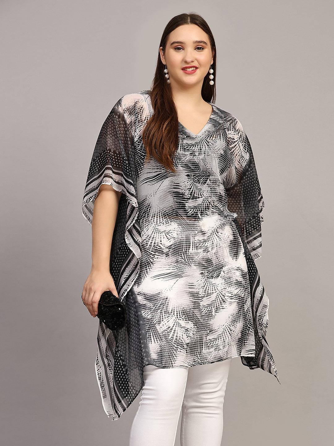 Black & White Tropical Print Kaftan Top