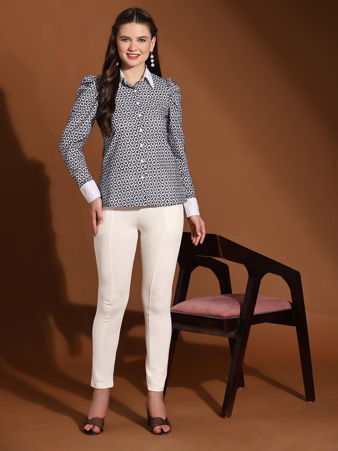 Blue Embroidered Leg O Mutton Sleeves Formal Shirt