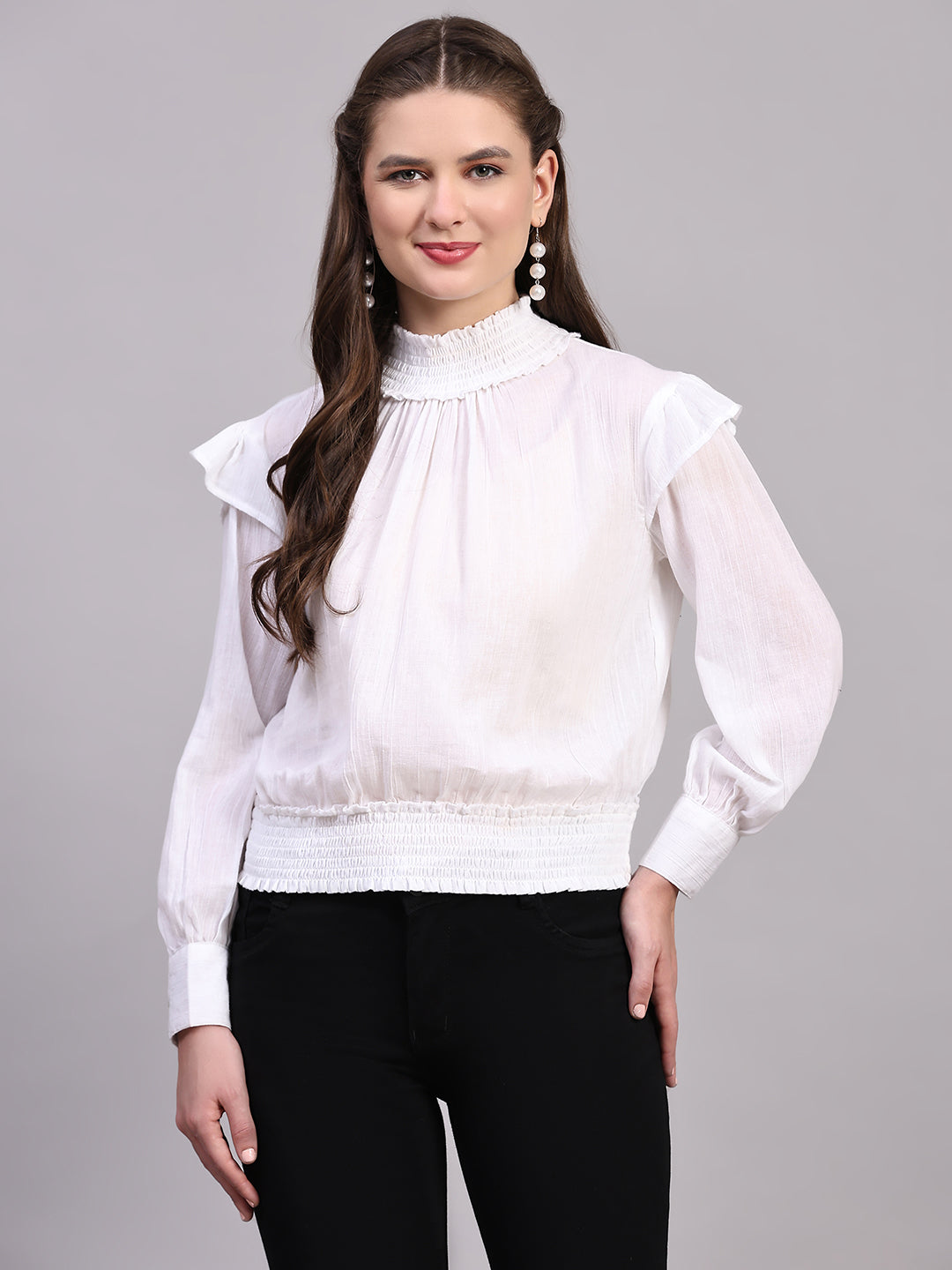 White Solid Casual Smocked Top