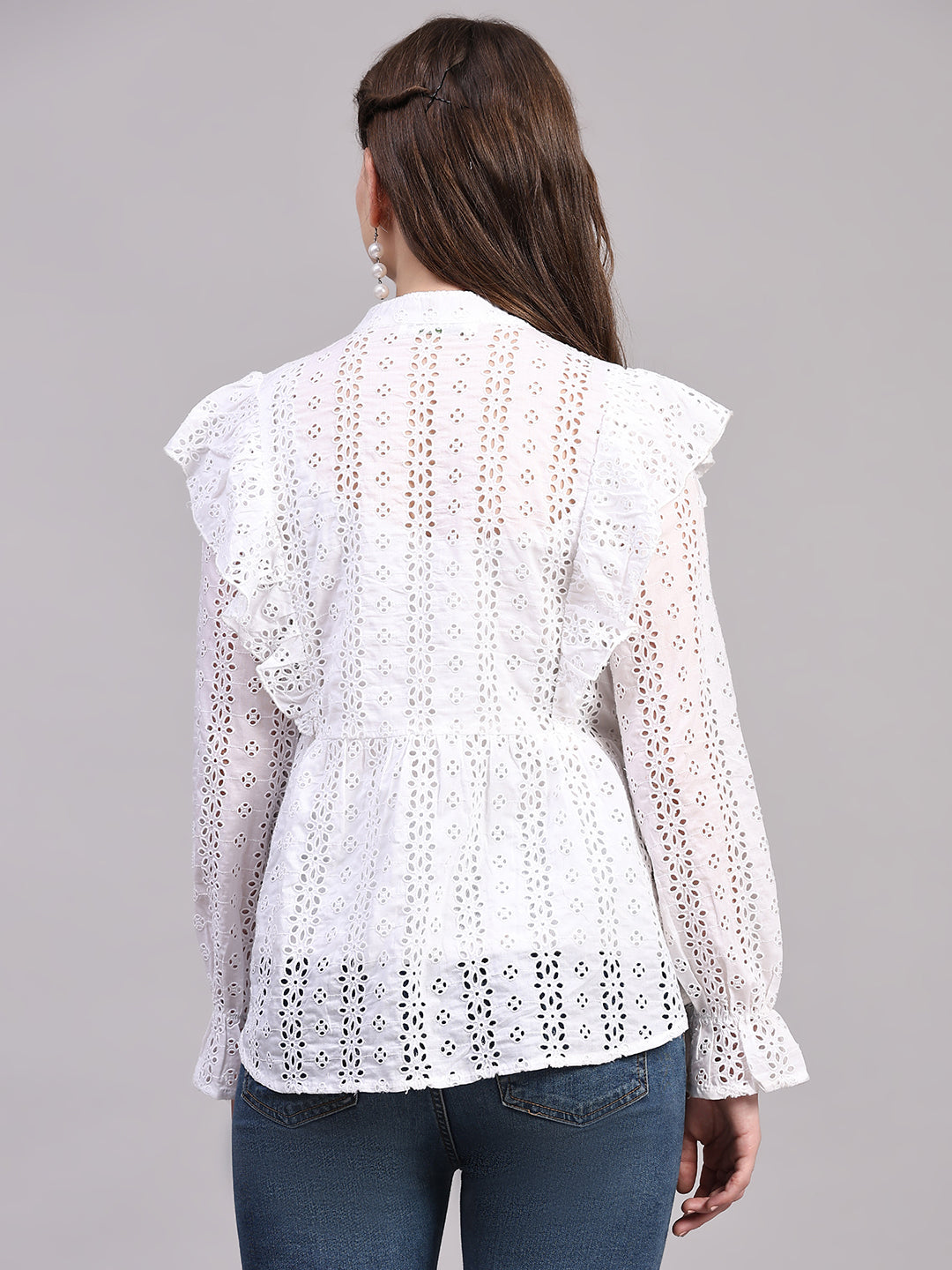 White Schiffli Embroidered Casual Peplum Top