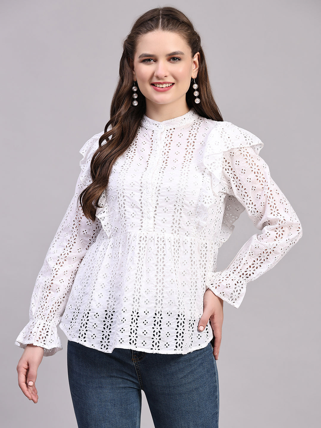 White Schiffli Embroidered Casual Peplum Top