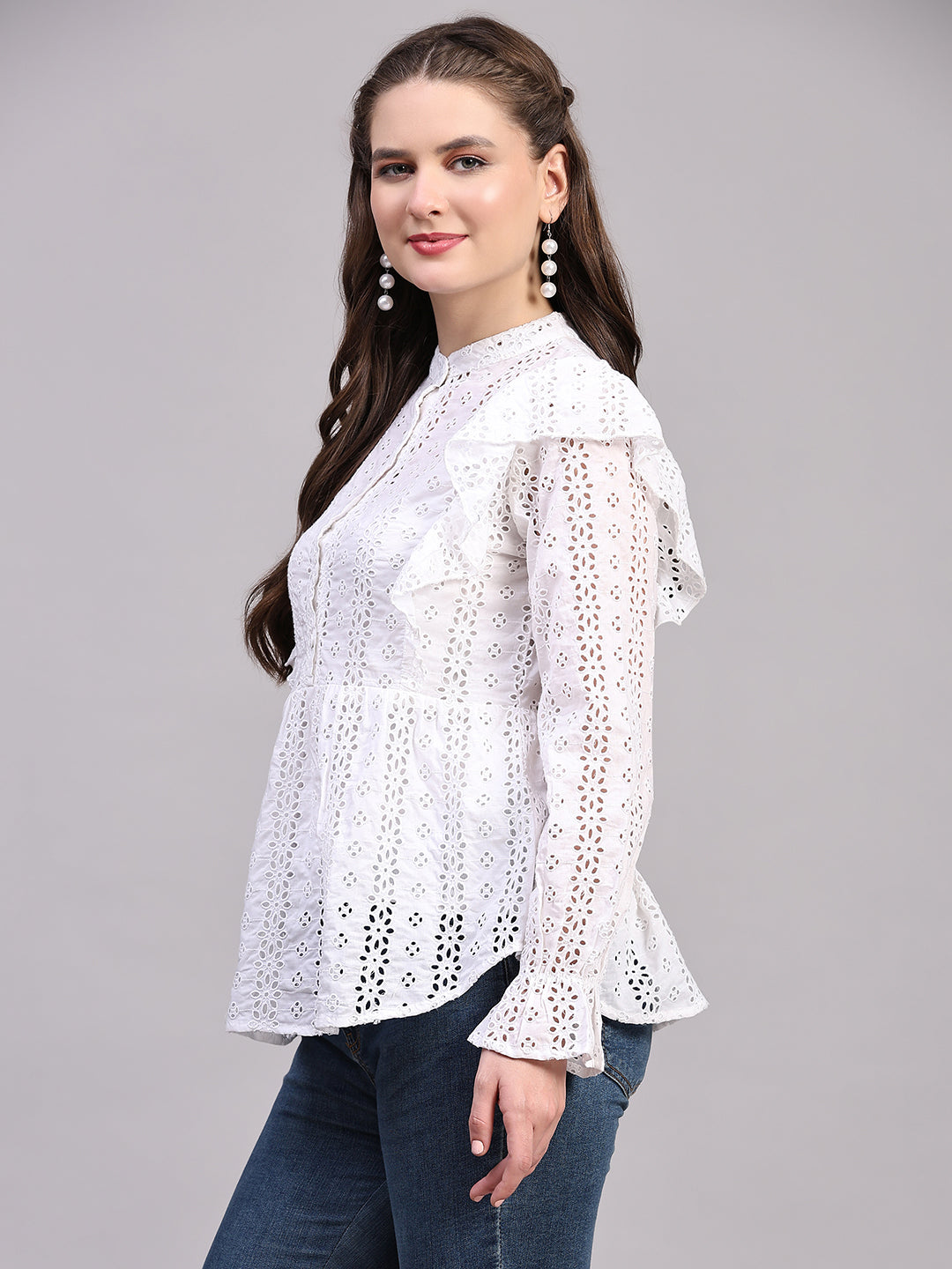 White Schiffli Embroidered Casual Peplum Top