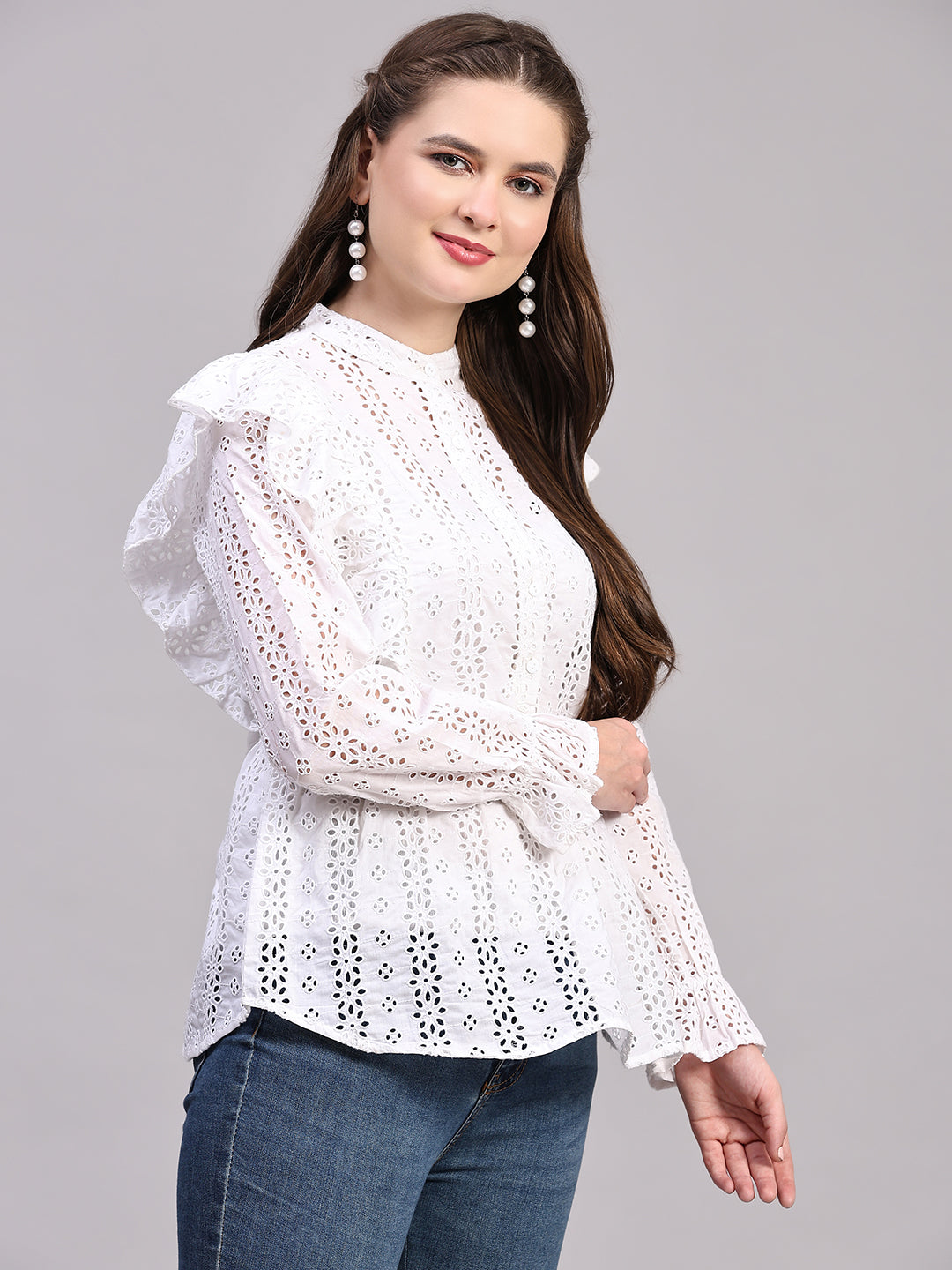 White Schiffli Embroidered Casual Peplum Top