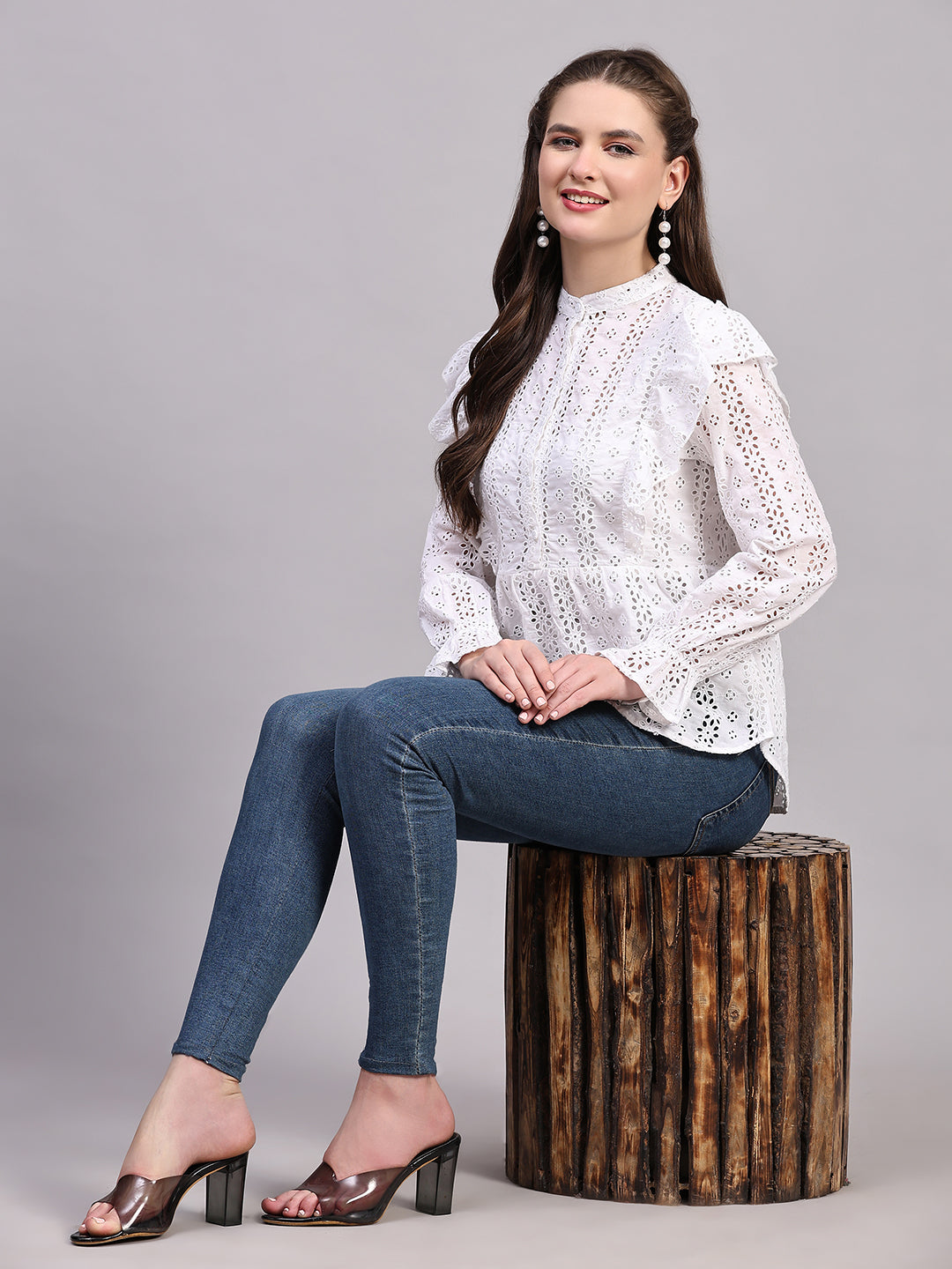 White Schiffli Embroidered Casual Peplum Top