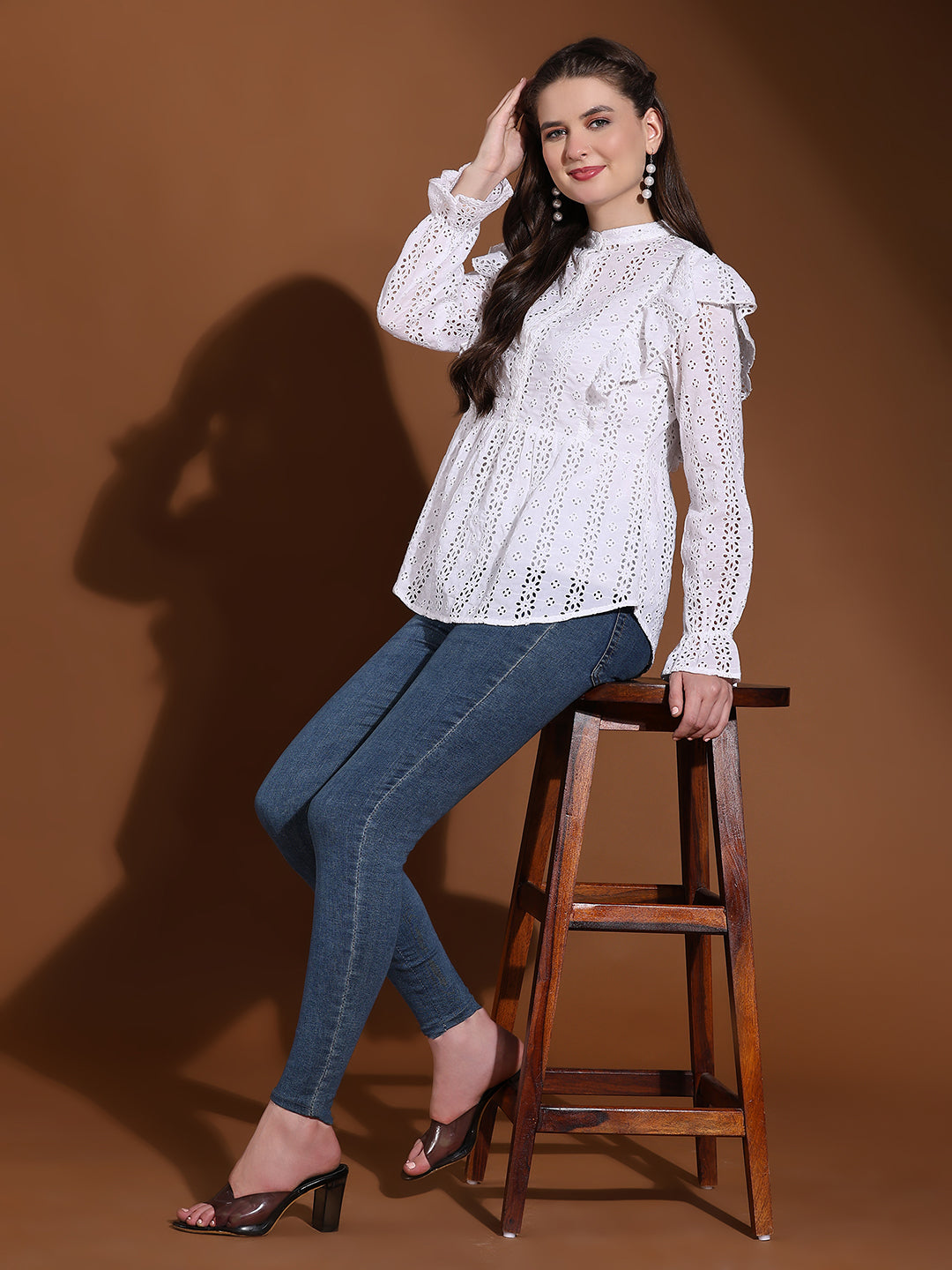 White Schiffli Embroidered Casual Peplum Top