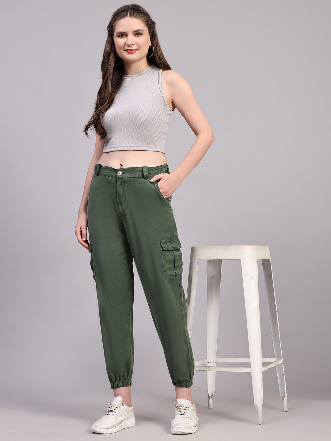 Olive Relaxed Fit Casual Solid Jogger Pants