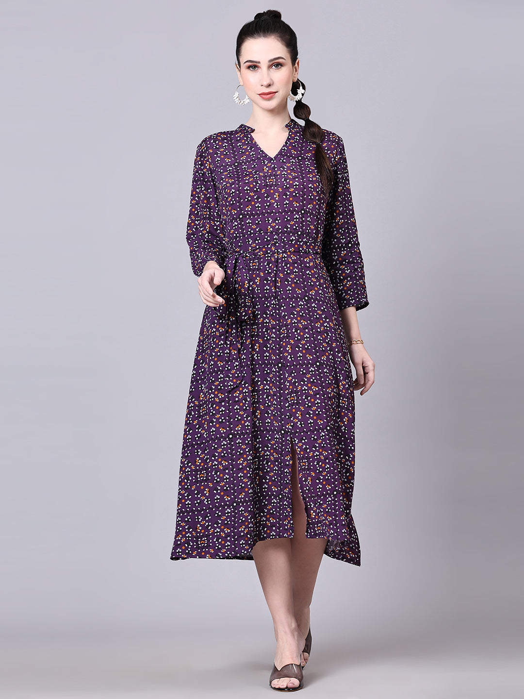 Pomegal Voilet Fit and Flare Printed Midi Dress