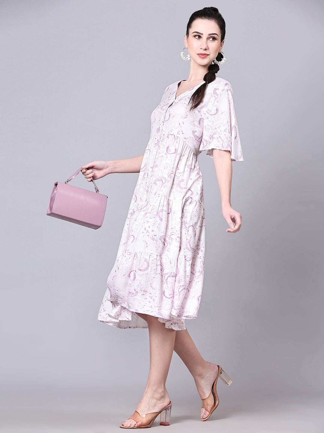 Pomegal White & Purple Empire Fit Printed Dress