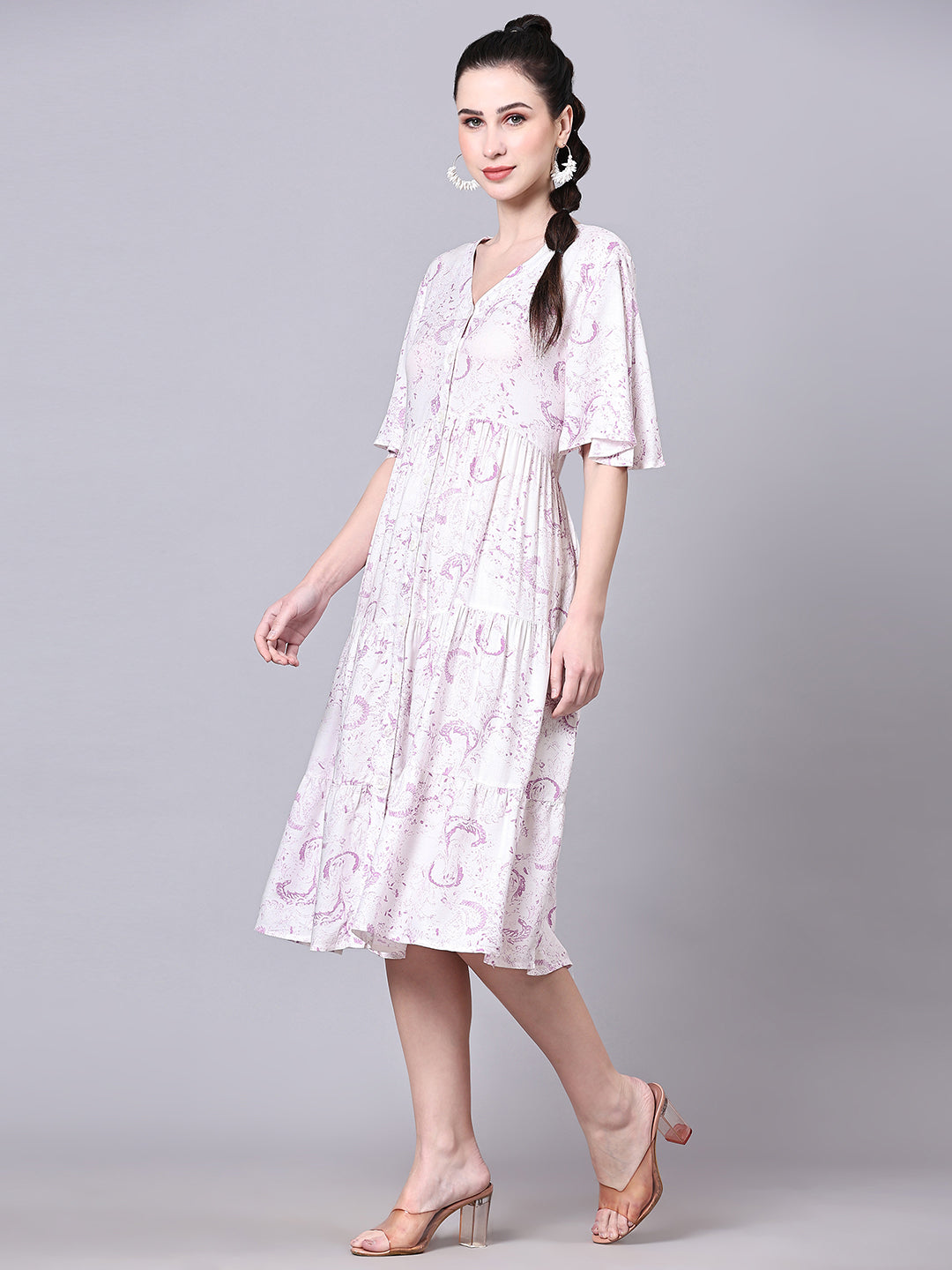 Pomegal White & Purple Empire Fit Printed Dress