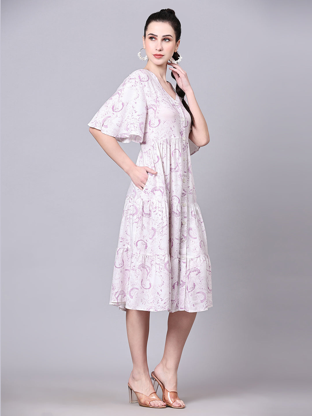 Pomegal White & Purple Empire Fit Printed Dress