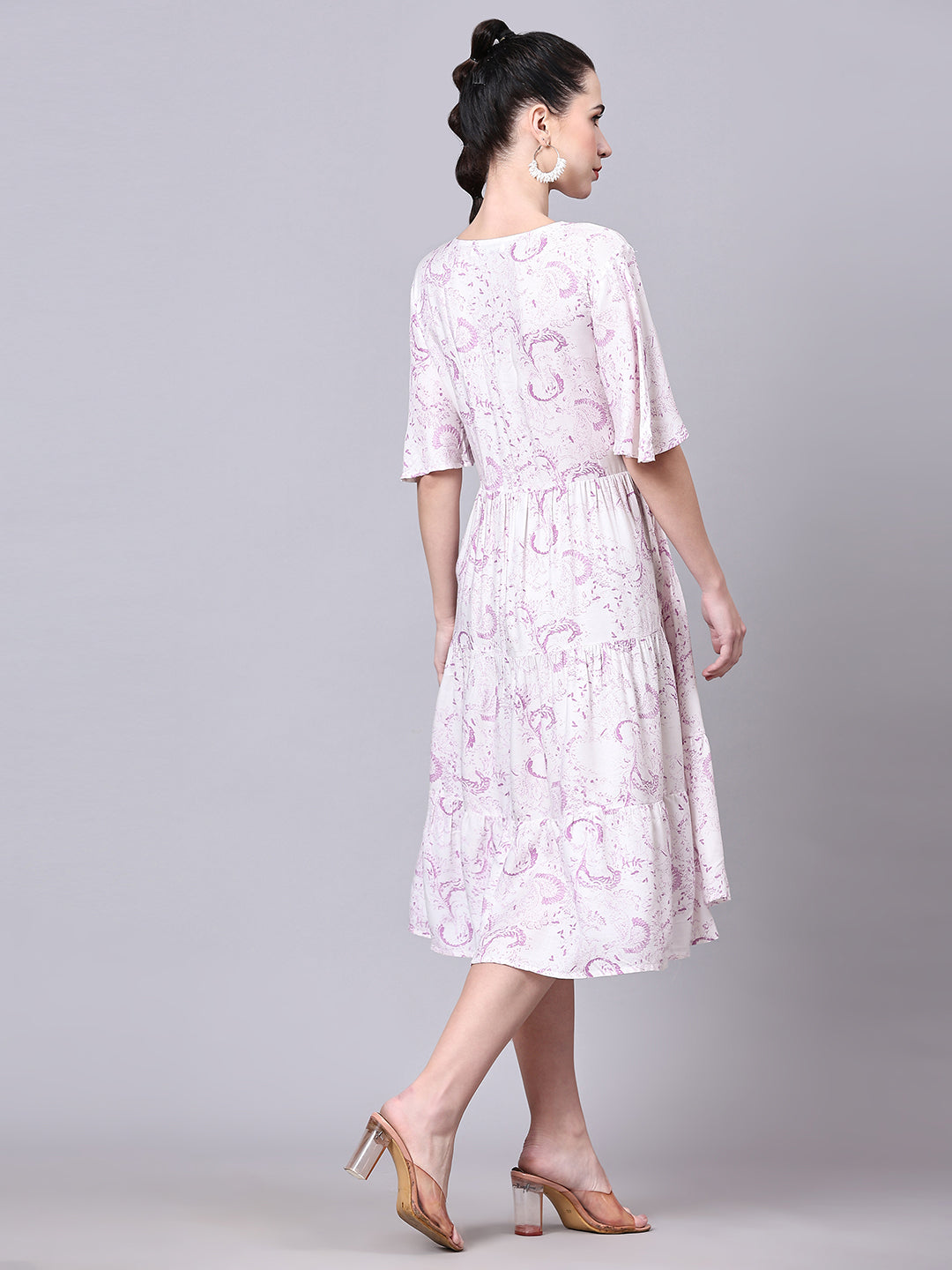 Pomegal White & Purple Empire Fit Printed Dress