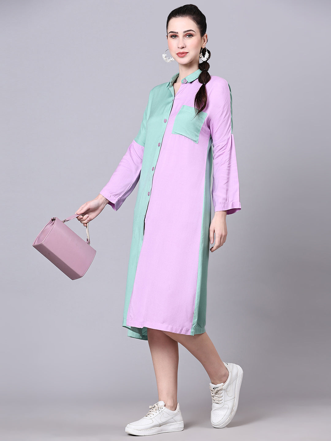 Pomegal Purple & Green Solid Shirt Dress