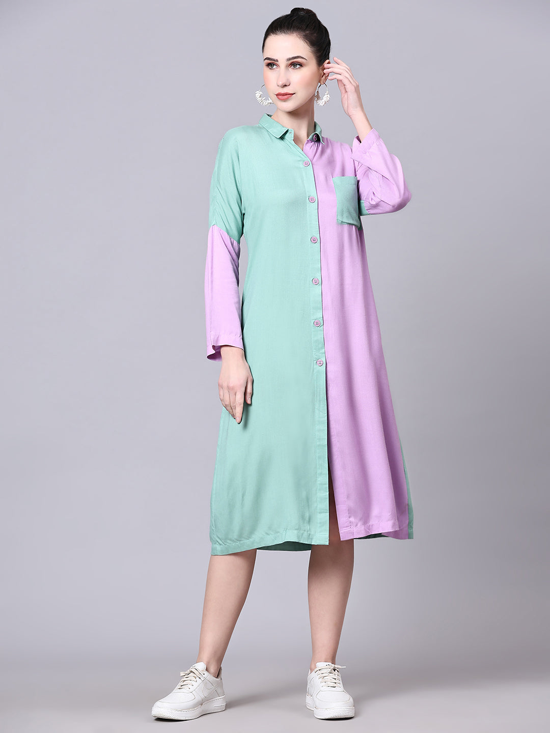 Pomegal Purple & Green Solid Shirt Dress