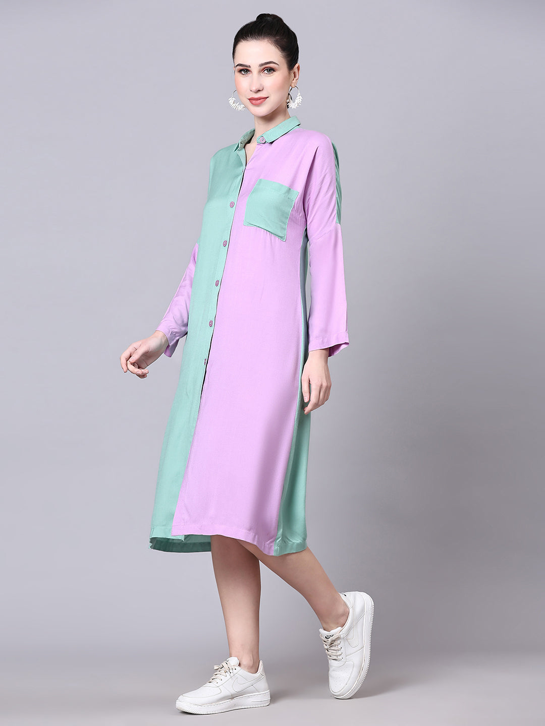 Pomegal Purple & Green Solid Shirt Dress