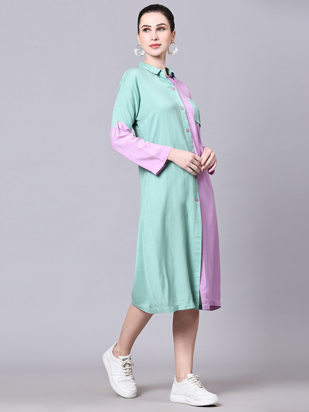 Pomegal Purple & Green Solid Shirt Dress