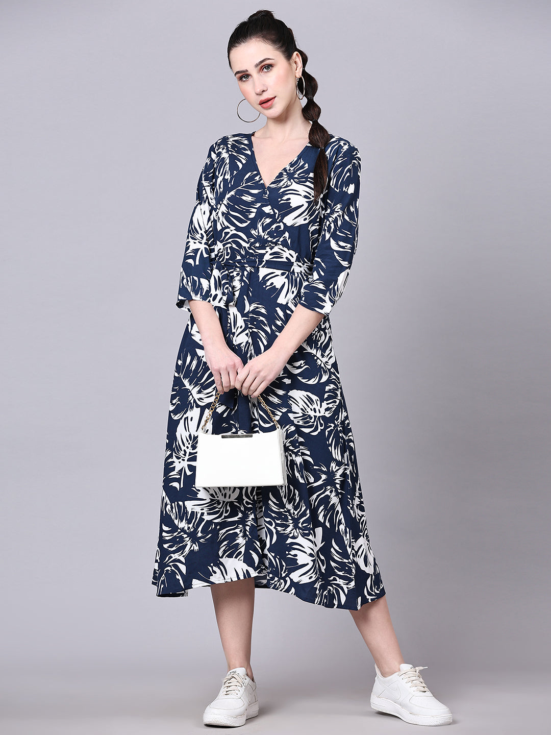 Pomegal Blue & White Wrap Printed Midi Dress