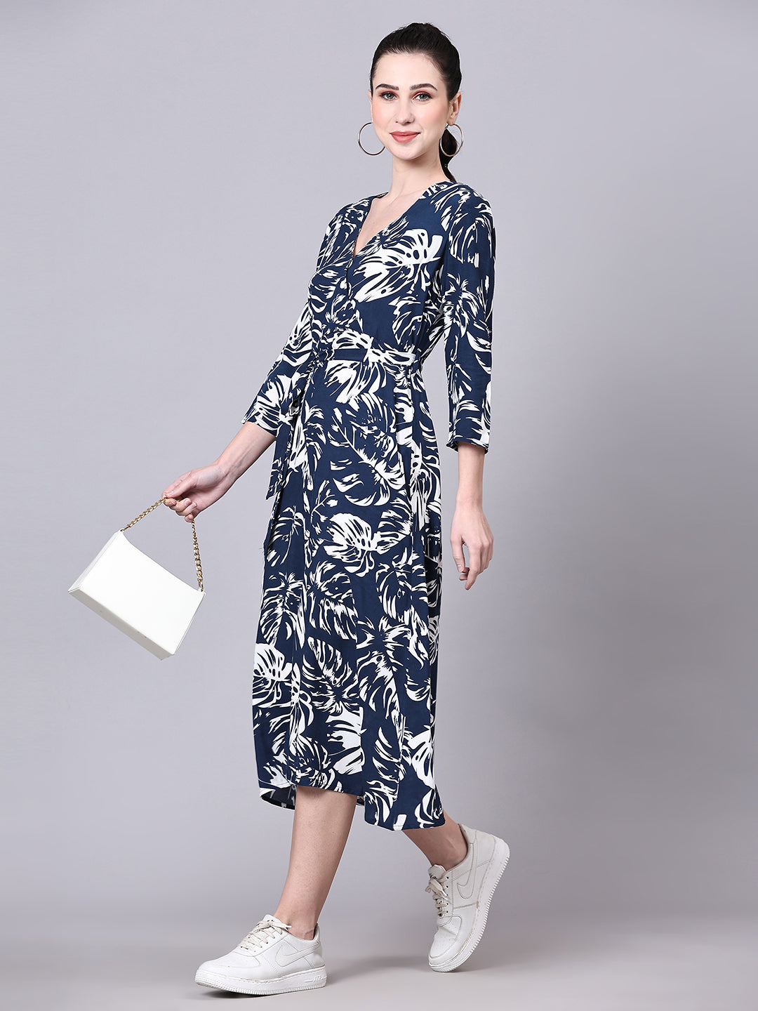 Pomegal Blue & White Wrap Printed Midi Dress