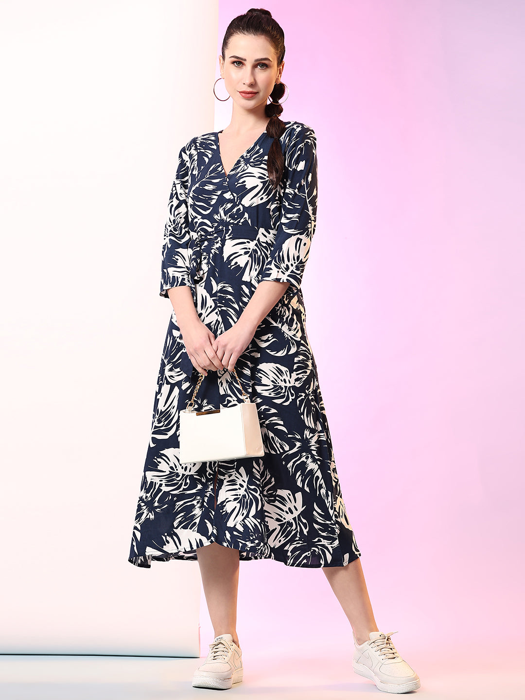 Pomegal Blue & White Wrap Printed Midi Dress