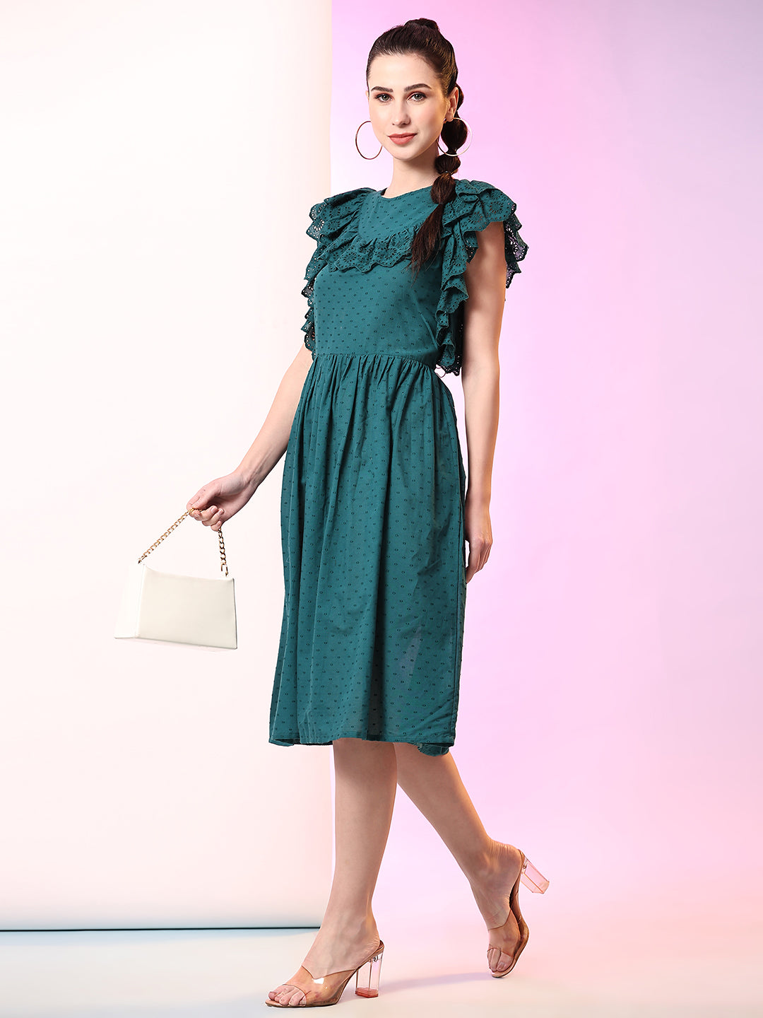 Pomegal Green Fit and Flare Schiffli Embroidered Dress