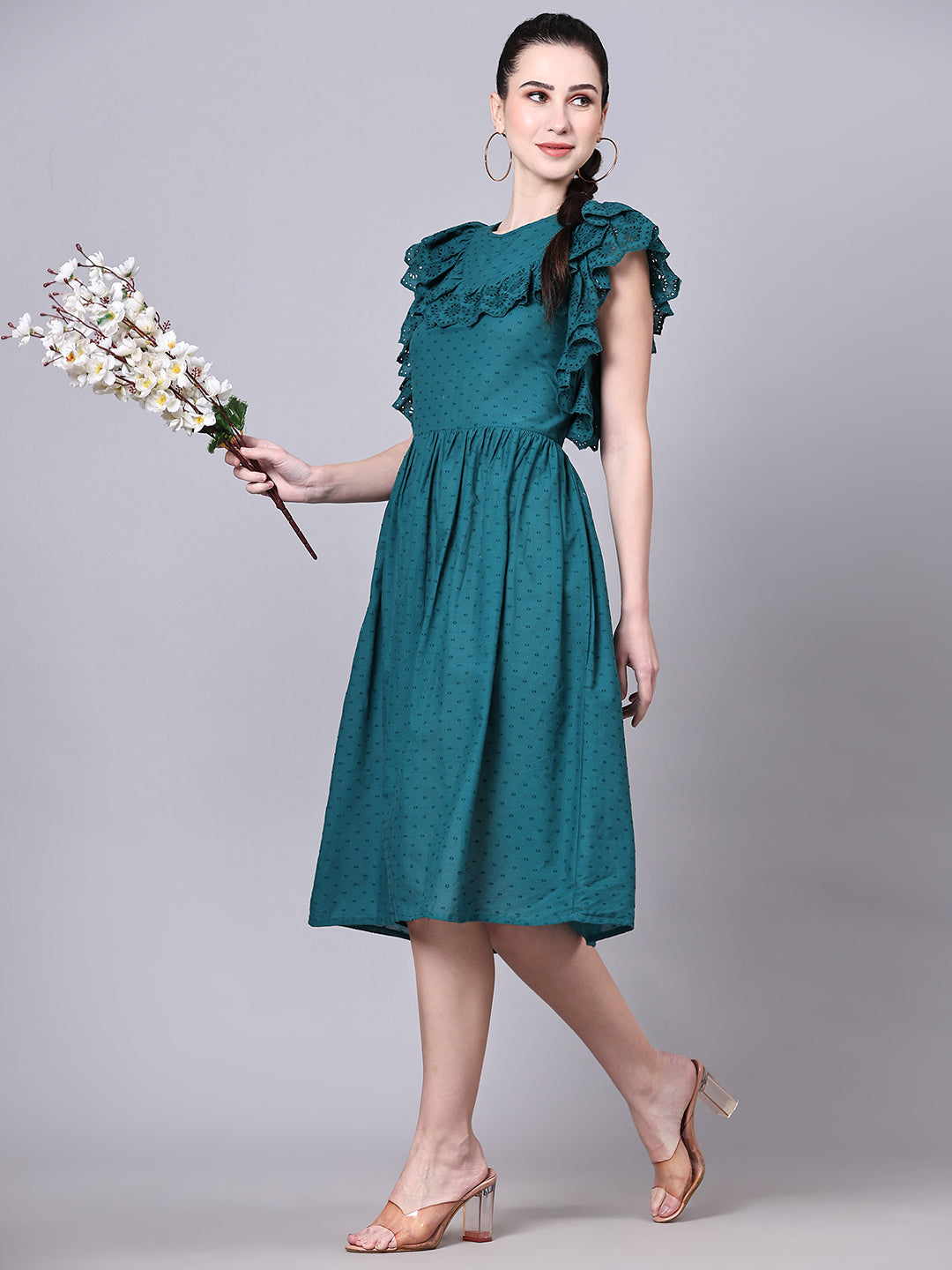 Pomegal Green Fit and Flare Schiffli Embroidered Dress