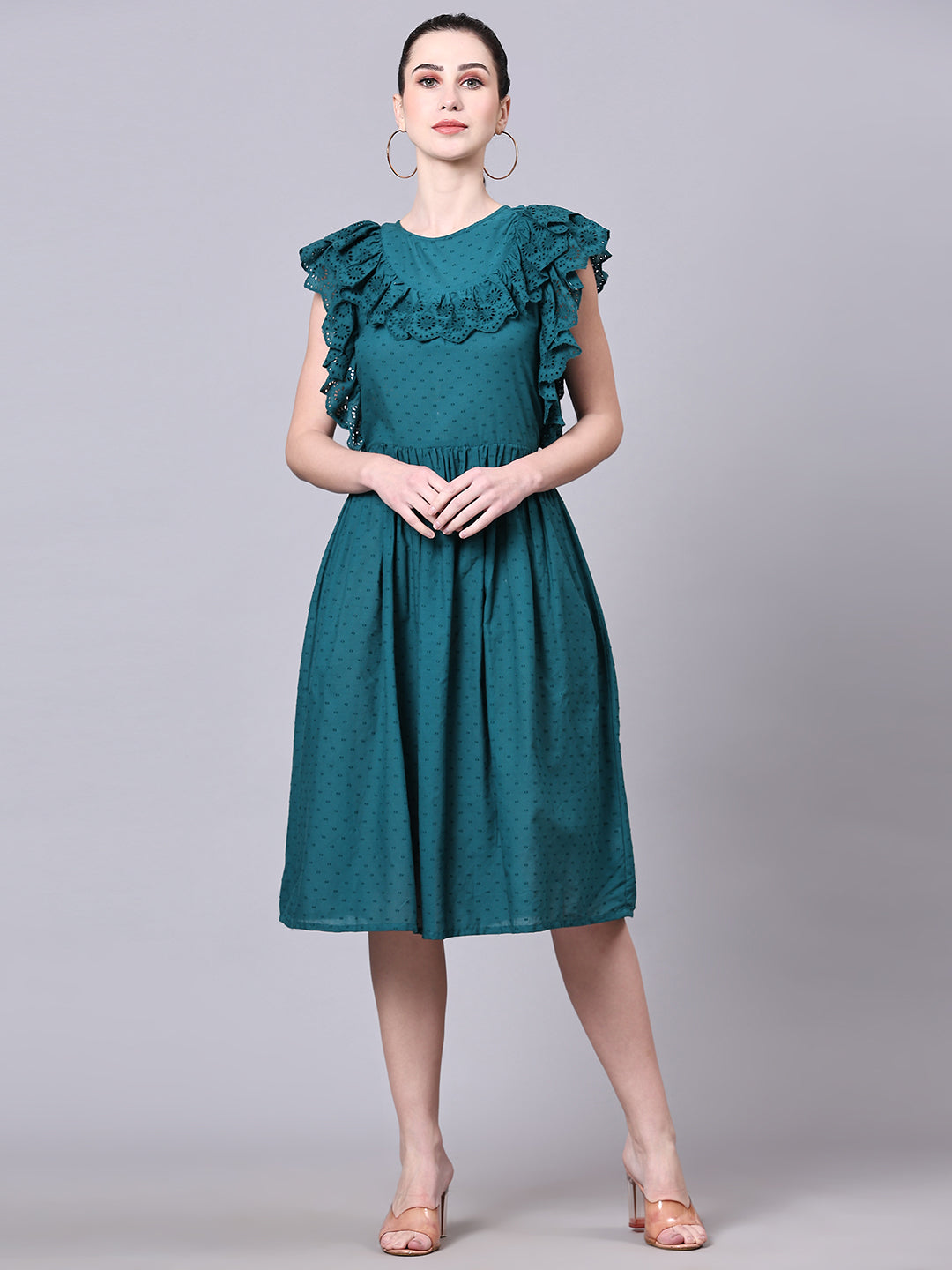 Pomegal Green Fit and Flare Schiffli Embroidered Dress