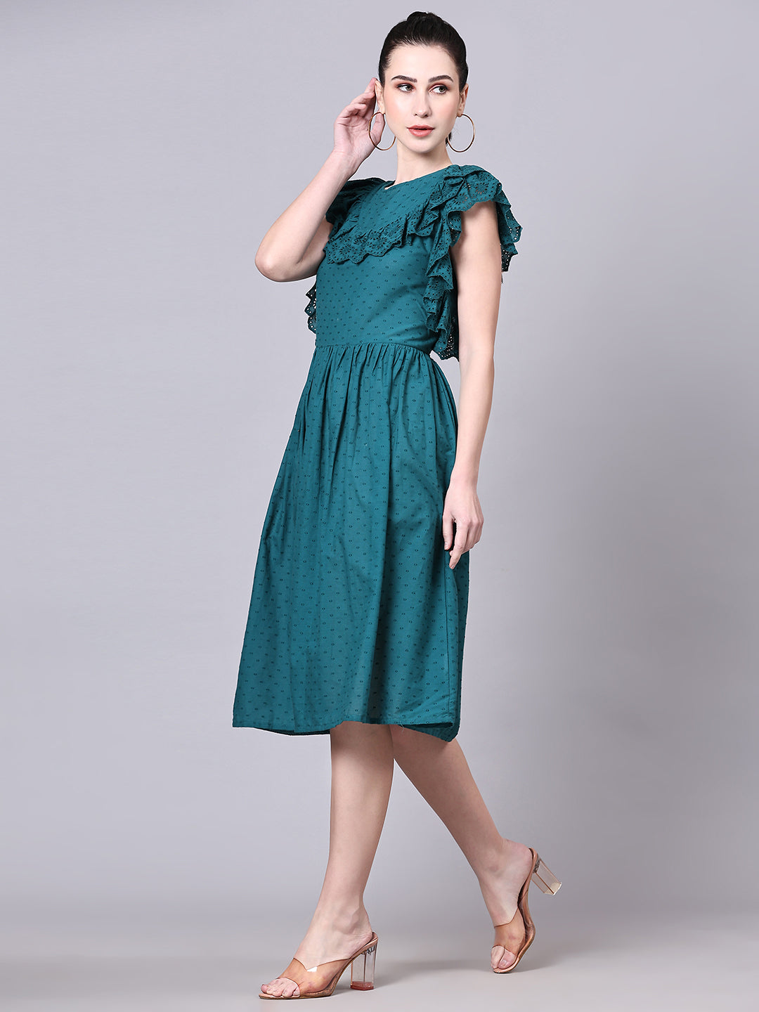 Pomegal Green Fit and Flare Schiffli Embroidered Dress