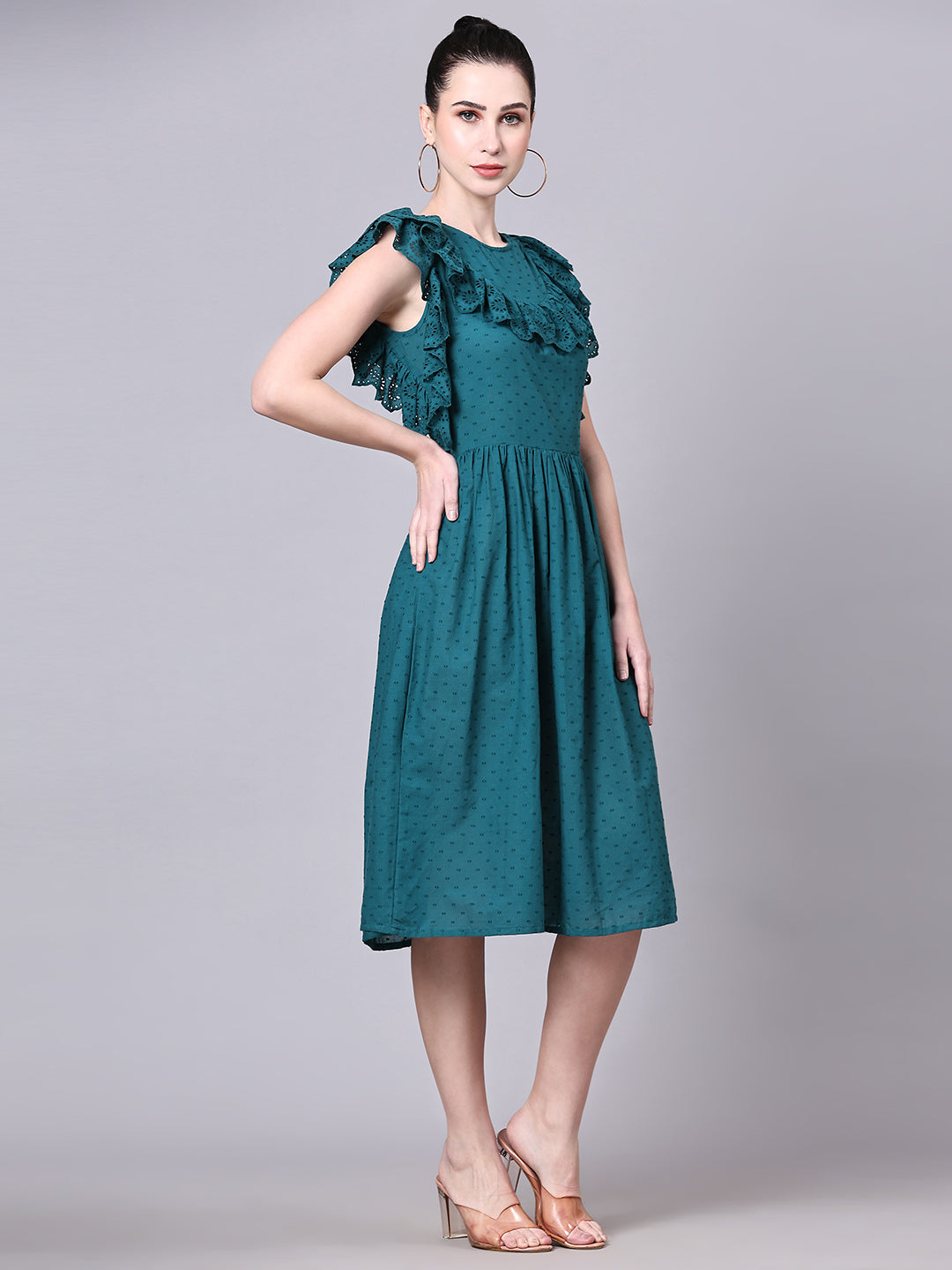 Pomegal Green Fit and Flare Schiffli Embroidered Dress