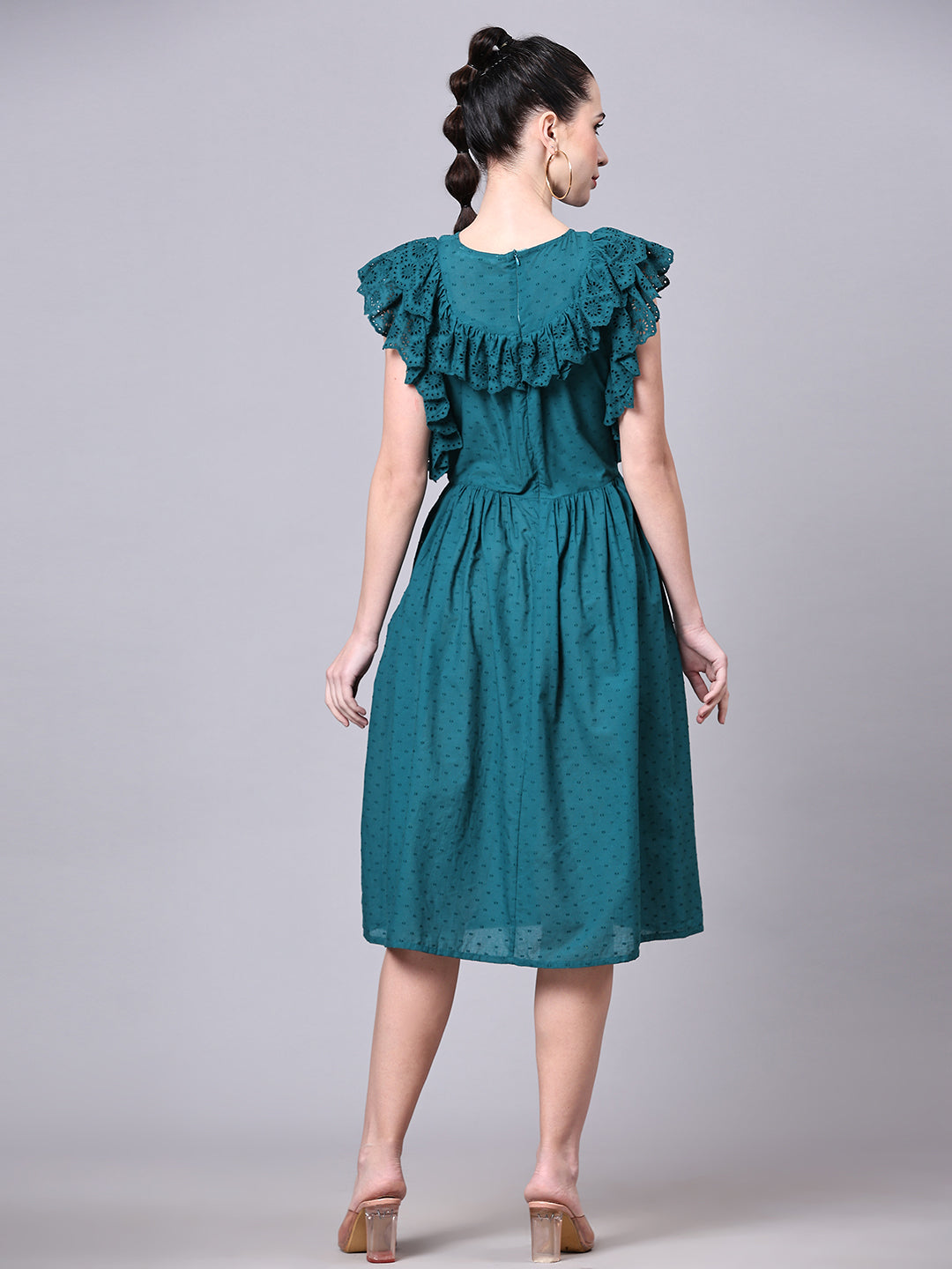 Pomegal Green Fit and Flare Schiffli Embroidered Dress