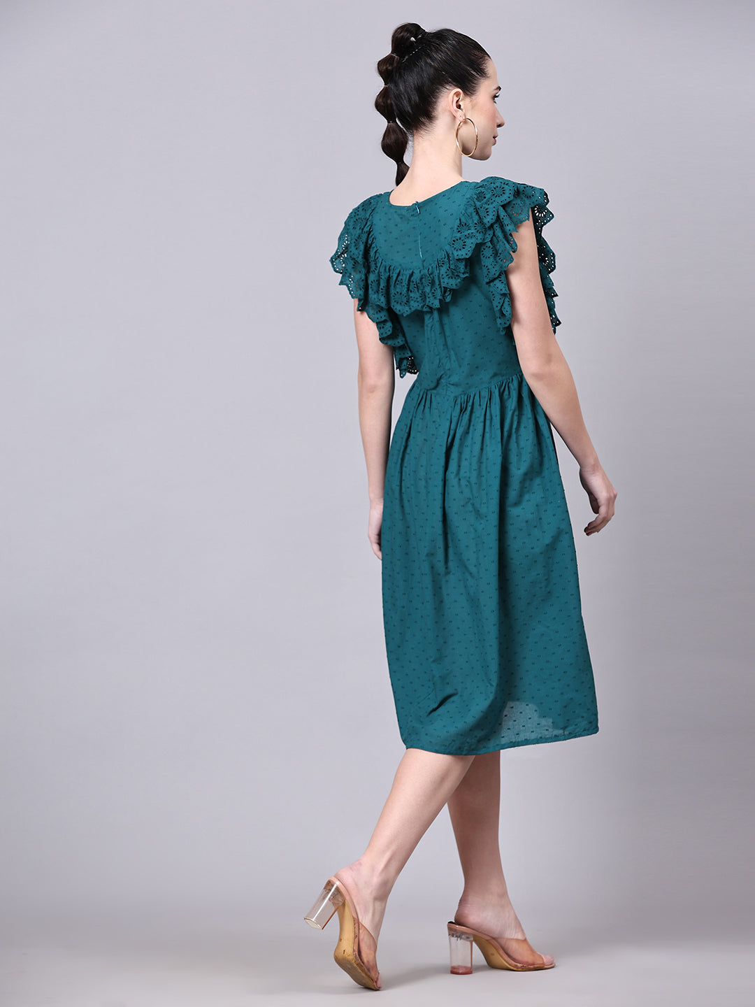 Pomegal Green Fit and Flare Schiffli Embroidered Dress