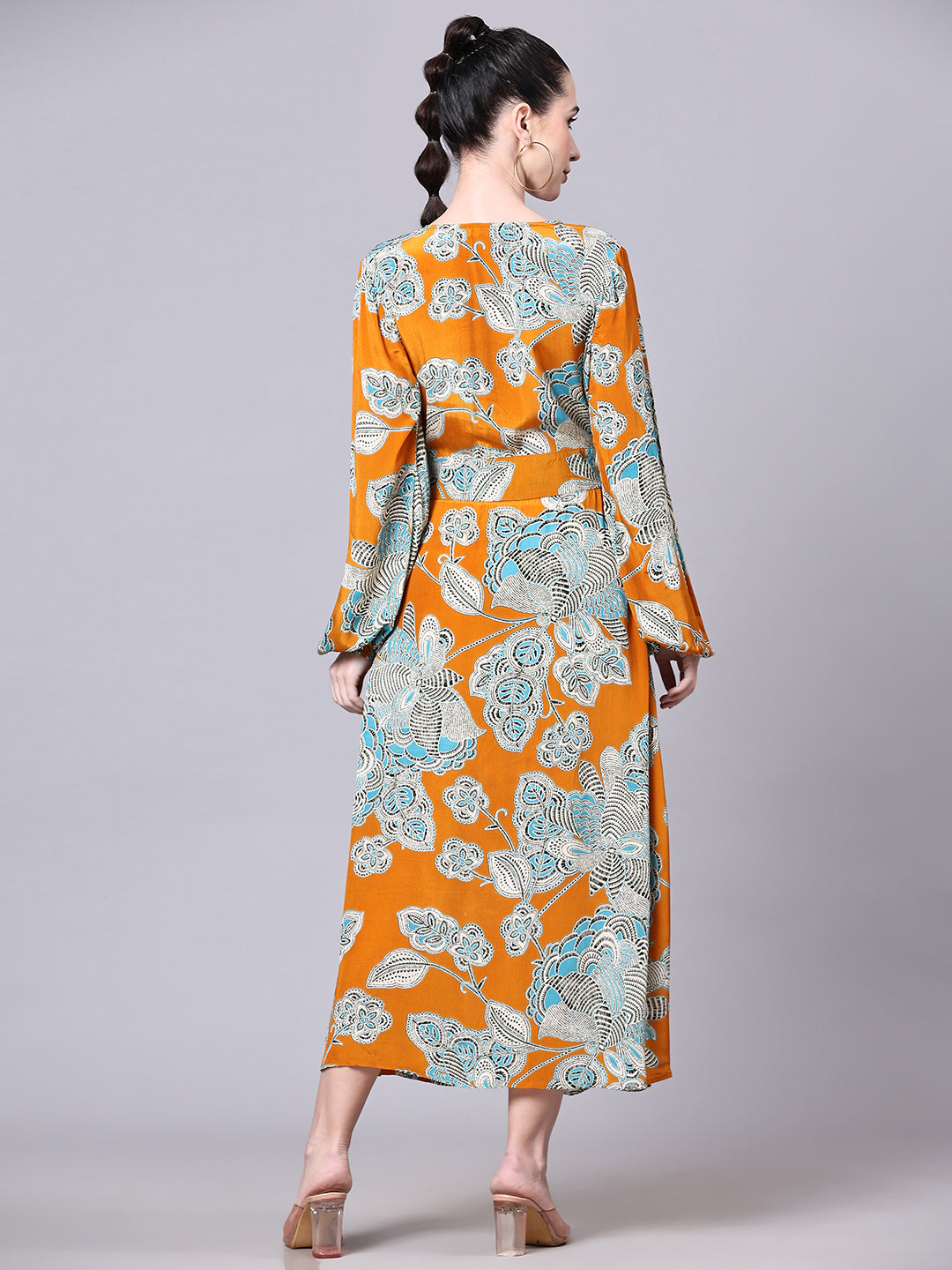 Pomegal Mustard Fit and Flare Printed Midi Dress