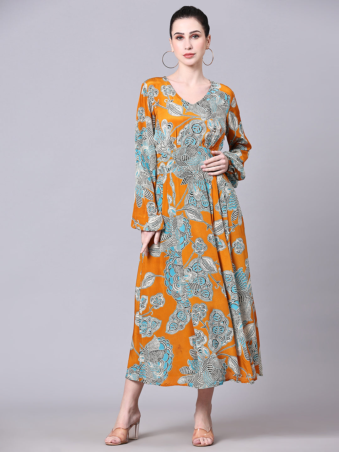 Pomegal Mustard Fit and Flare Printed Midi Dress